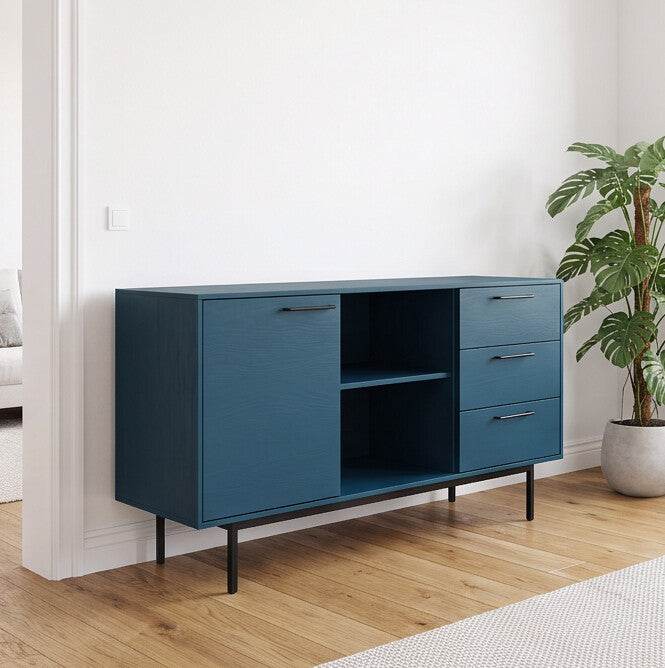 קומודה כחולה עם מדפים ושלוש מגירות — תמונה 1