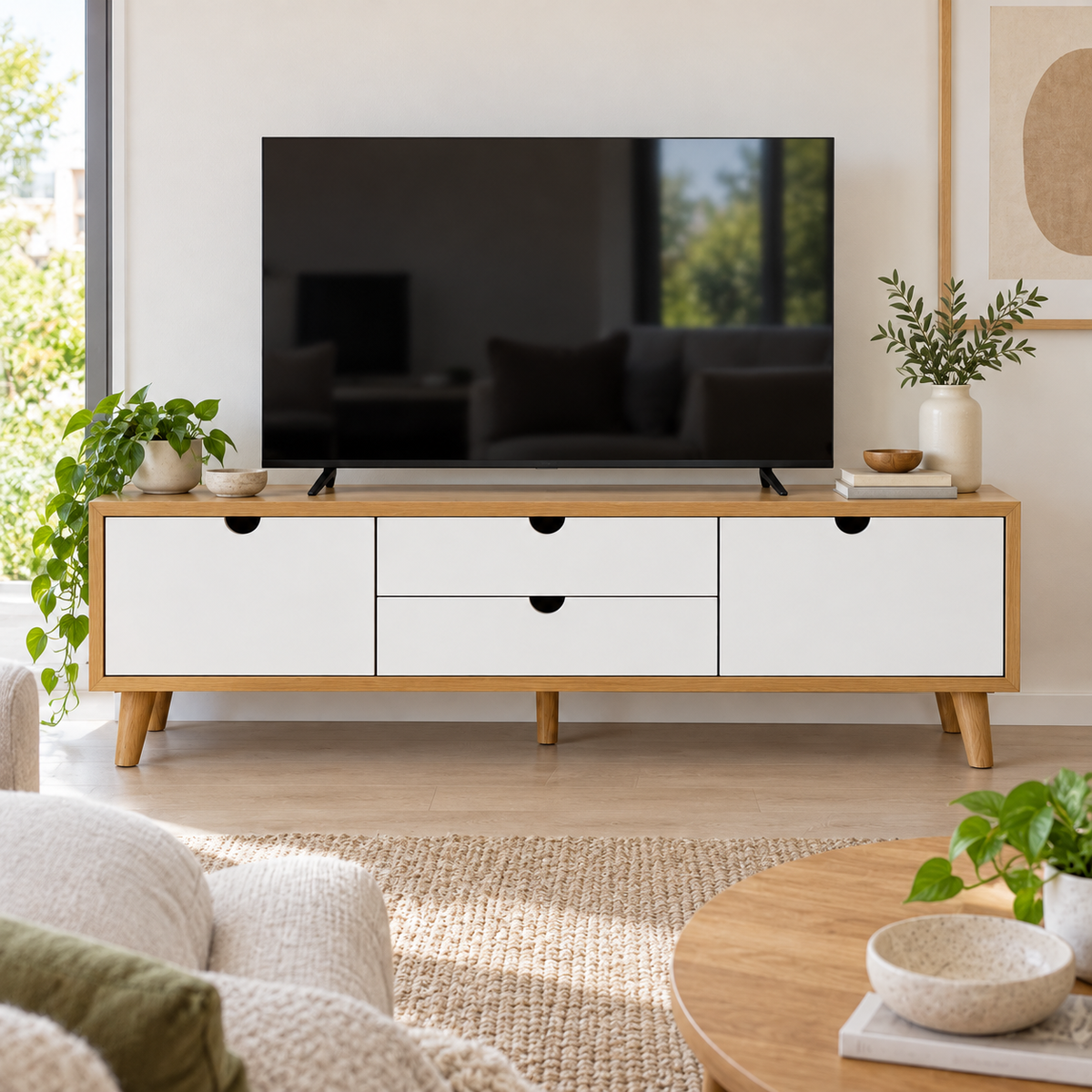 מזנון טלוויזיה POL לבן רגל עץ 180 ס״מ – הדמיה home