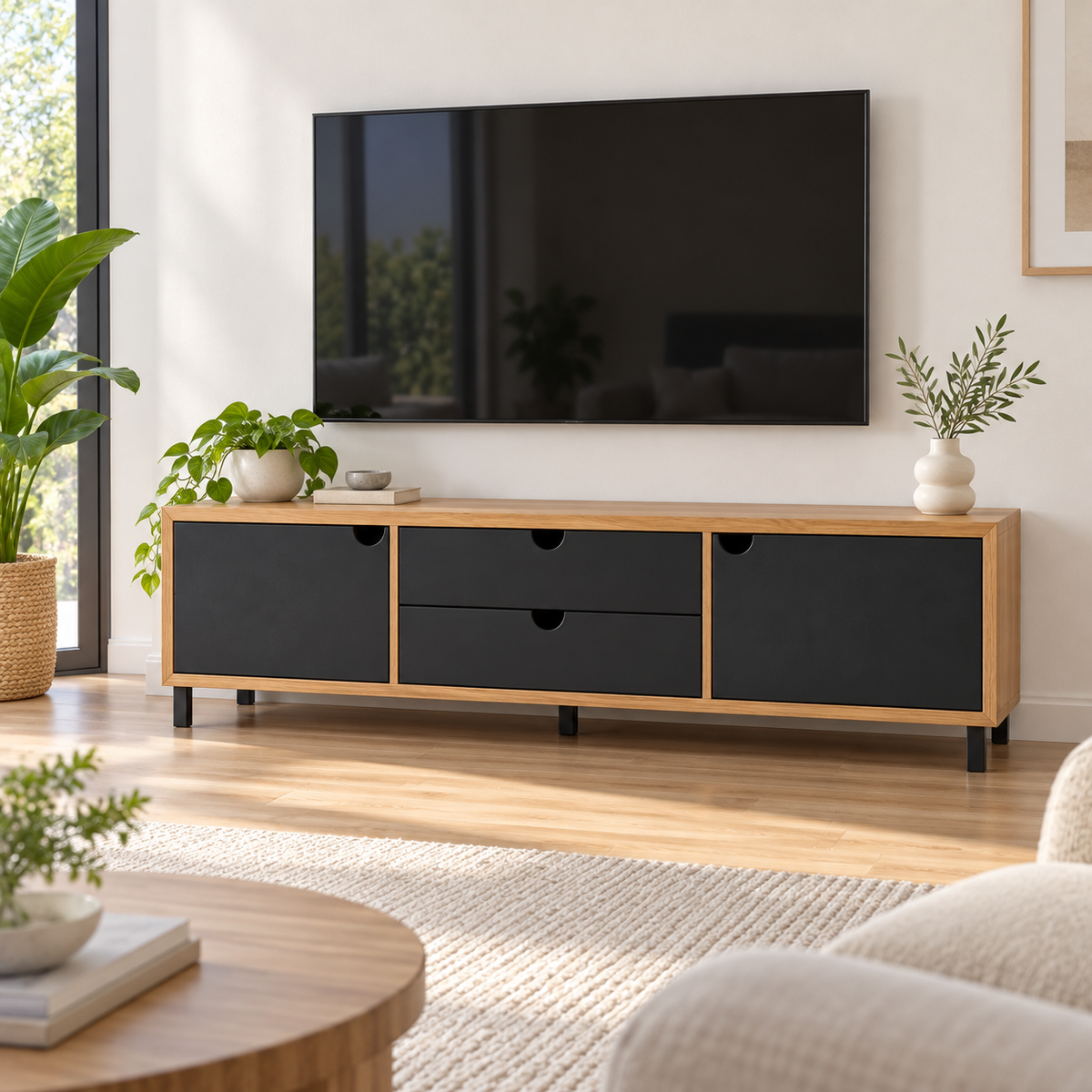 מזנון טלוויזיה POL שחור רגל ברזל 180 ס״מ – הדמיה home