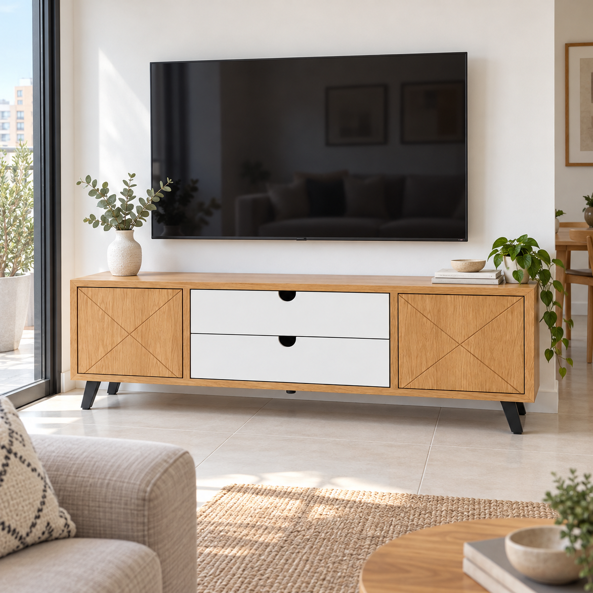 מזנון טלוויזיה POL לבן רגל שחורה 180 ס״מ – הדמיה home