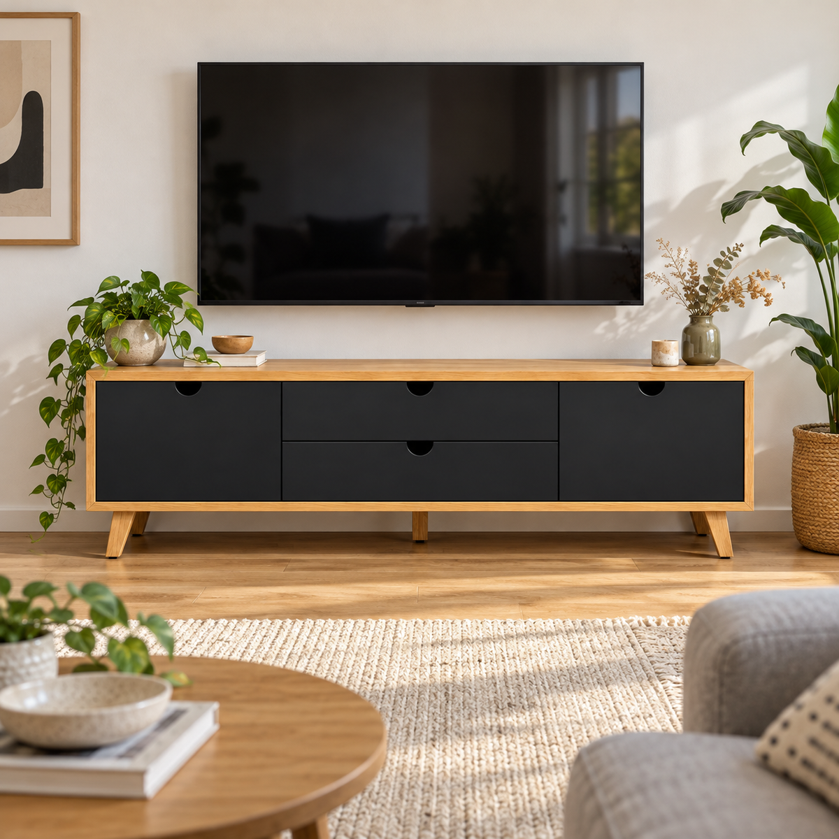 מזנון טלוויזיה POL שחור רגל עץ 180 ס״מ – הדמיה home